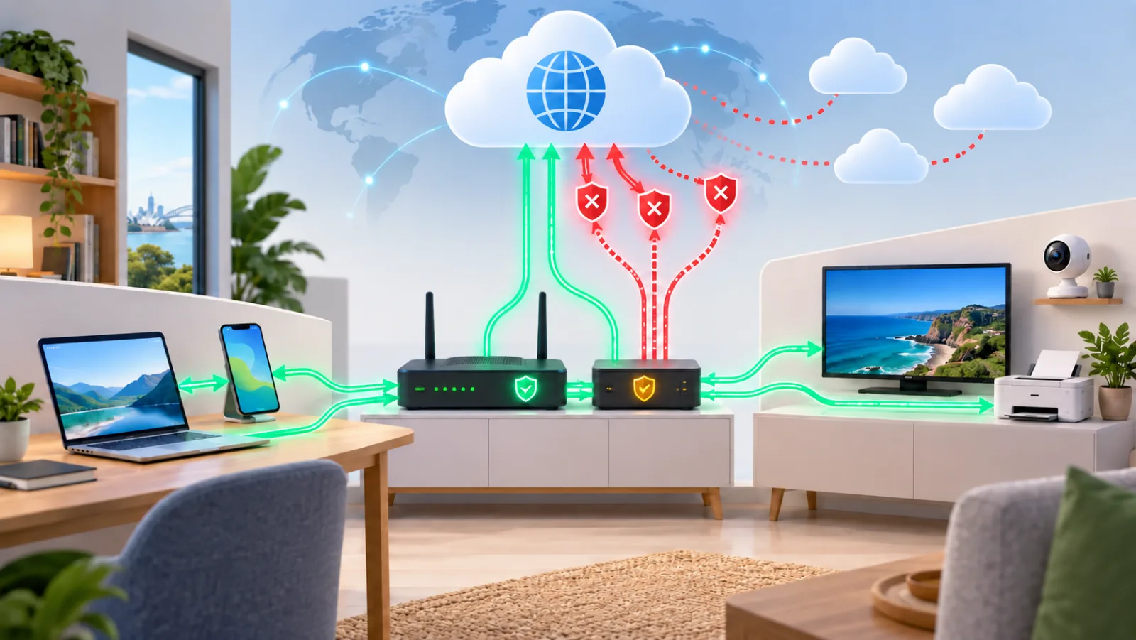 Illustration of a home network: a router and DNS filter in the middle, with phones, laptops, a television, cameras and a printer around it; some paths continue to the internet and some stop